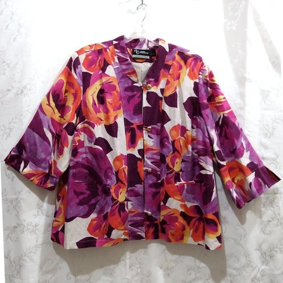 VTG 80s Linen Floral Jacket 3X Peplum Gold Button Mandarin Collar Sunset Rose - Picture 1 of 6